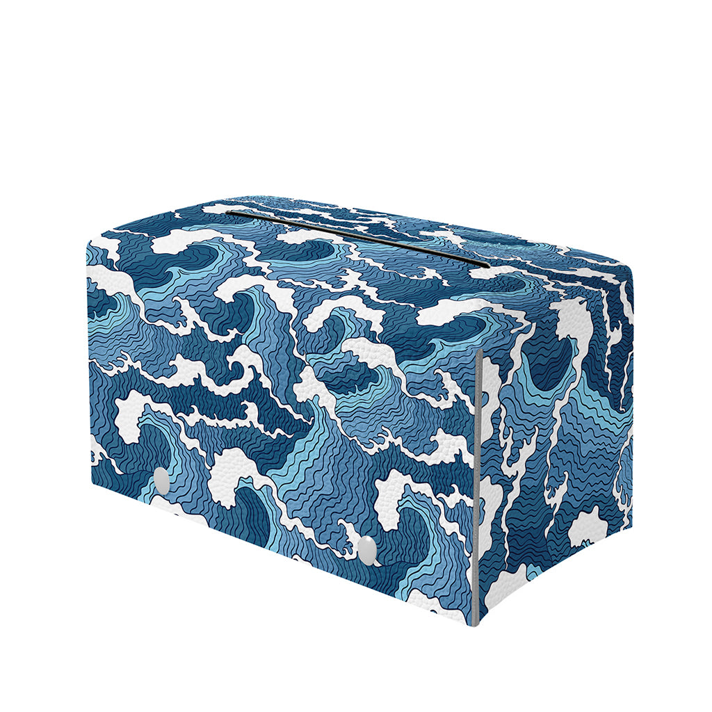 Blue Japanese Wave Pattern Print Leather Tissue Box Cover