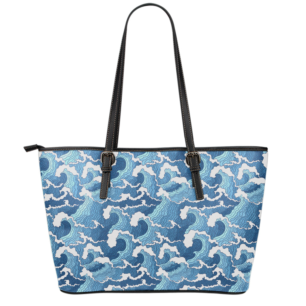 Blue Japanese Wave Pattern Print Leather Tote Bag