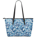 Blue Japanese Wave Pattern Print Leather Tote Bag