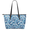 Blue Japanese Wave Pattern Print Leather Tote Bag