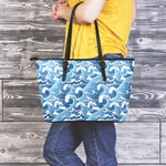 Blue Japanese Wave Pattern Print Leather Tote Bag