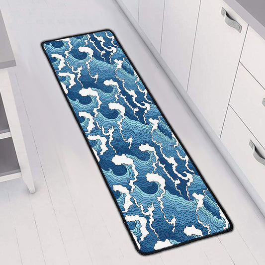 Blue Japanese Wave Pattern Print Long Kitchen Mat