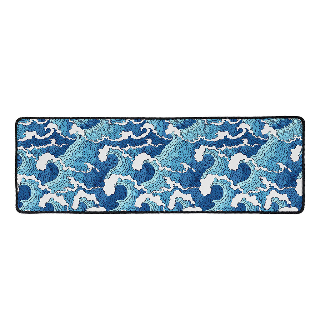 Blue Japanese Wave Pattern Print Long Kitchen Mat