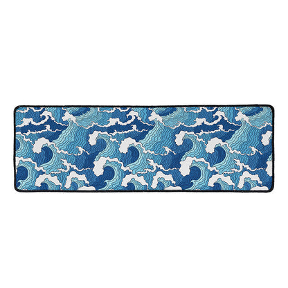 Blue Japanese Wave Pattern Print Long Kitchen Mat