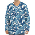 Blue Japanese Wave Pattern Print Long Sleeve Baseball Jersey
