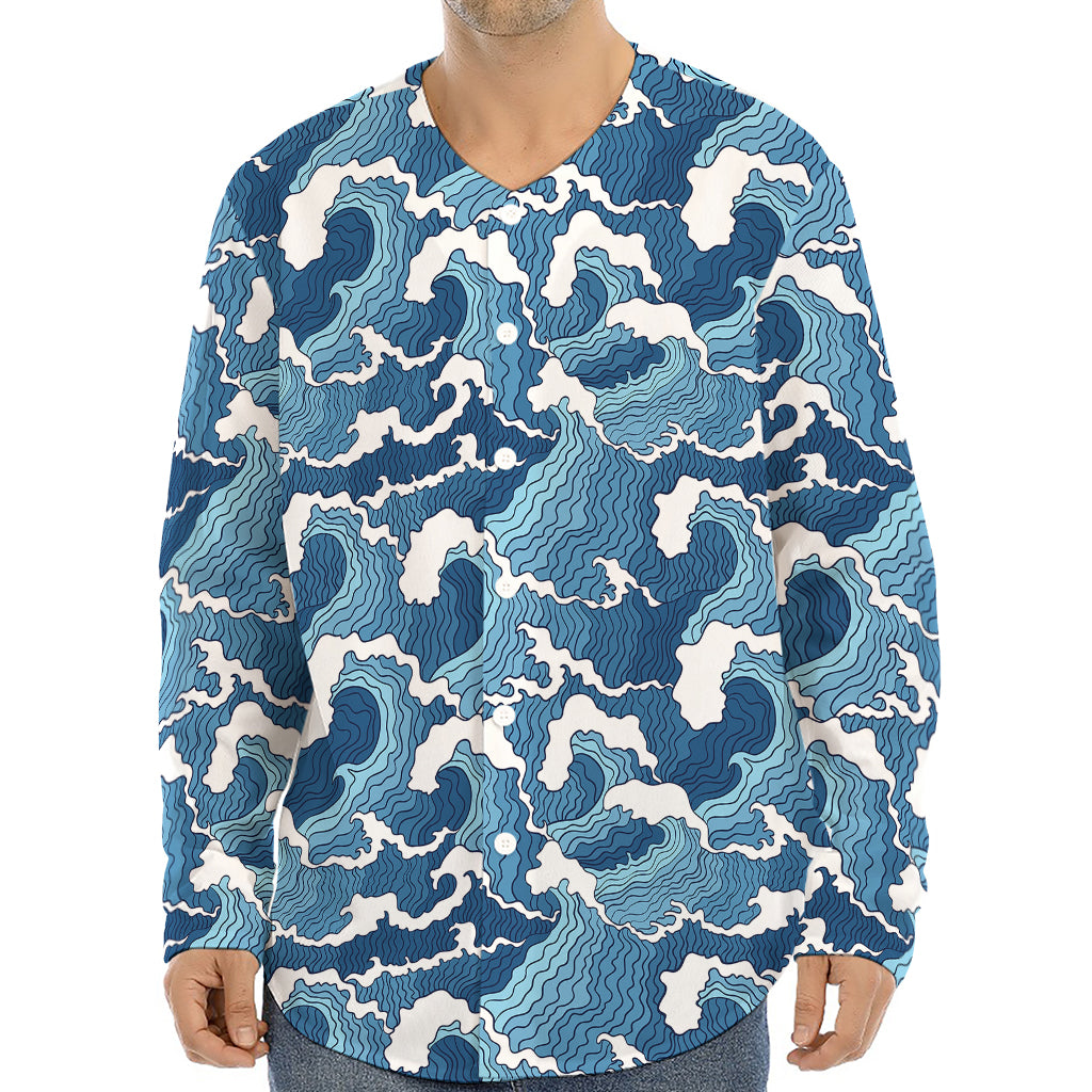 Blue Japanese Wave Pattern Print Long Sleeve Baseball Jersey