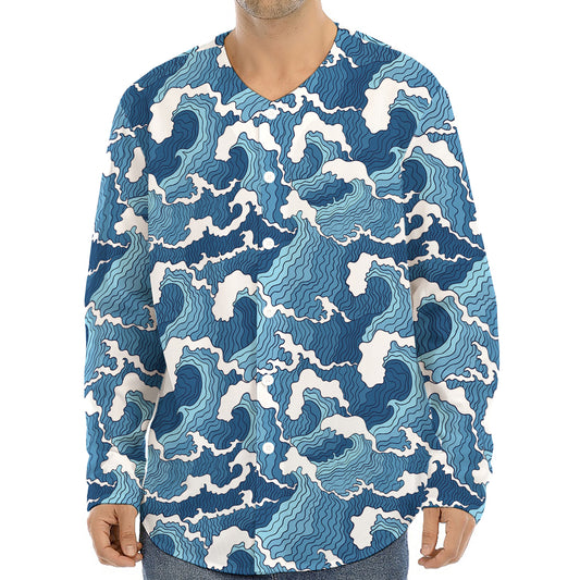 Blue Japanese Wave Pattern Print Long Sleeve Baseball Jersey