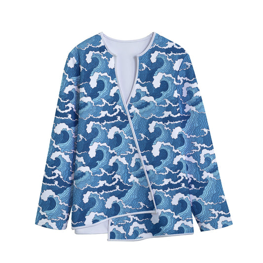 Blue Japanese Wave Pattern Print Long Sleeve Short Coat