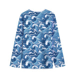 Blue Japanese Wave Pattern Print Long Sleeve Short Coat