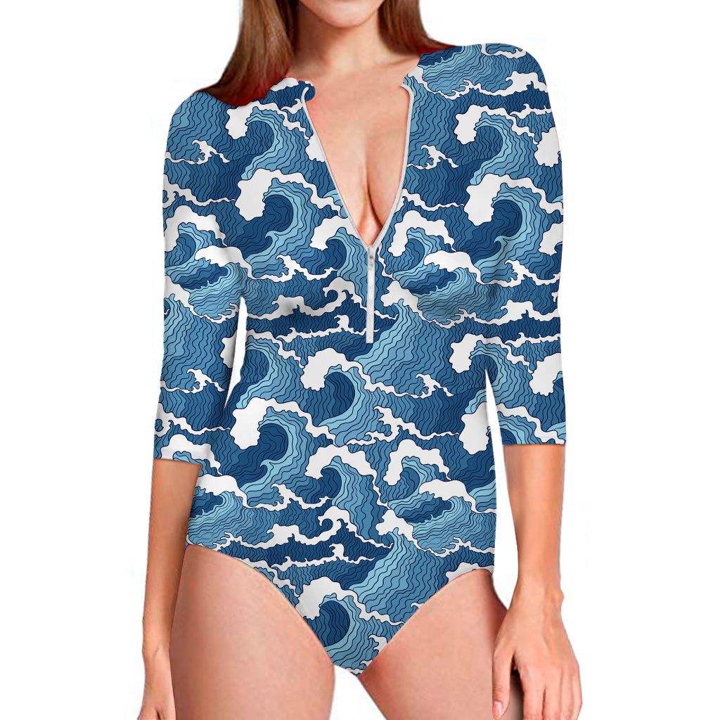 Blue Japanese Wave Pattern Print Long Sleeve Swimsuit