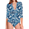 Blue Japanese Wave Pattern Print Long Sleeve Swimsuit