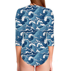 Blue Japanese Wave Pattern Print Long Sleeve Swimsuit