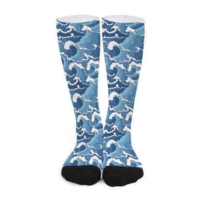 Blue Japanese Wave Pattern Print Long Socks
