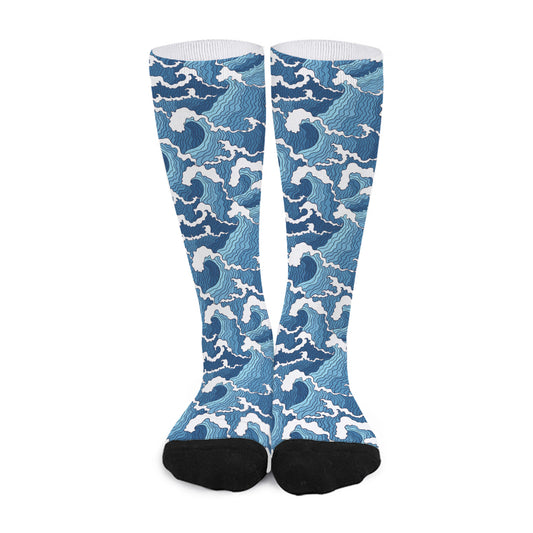 Blue Japanese Wave Pattern Print Long Socks