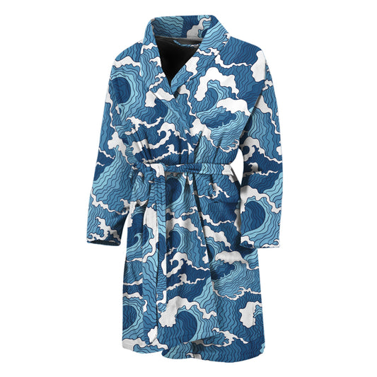 Blue Japanese Wave Pattern Print Men's Bathrobe