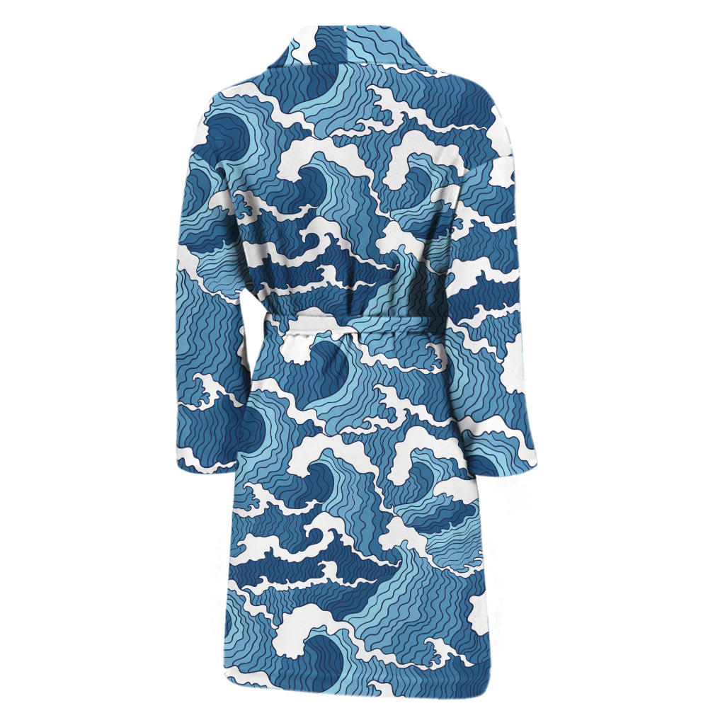 Blue Japanese Wave Pattern Print Men's Bathrobe