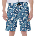 Blue Japanese Wave Pattern Print Men's Beach Shorts
