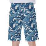 Blue Japanese Wave Pattern Print Men's Beach Shorts
