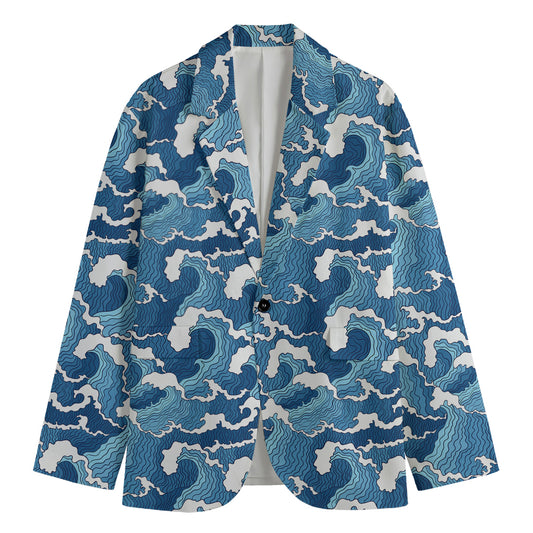 Blue Japanese Wave Pattern Print Men's Blazer