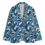 Blue Japanese Wave Pattern Print Men's Blazer