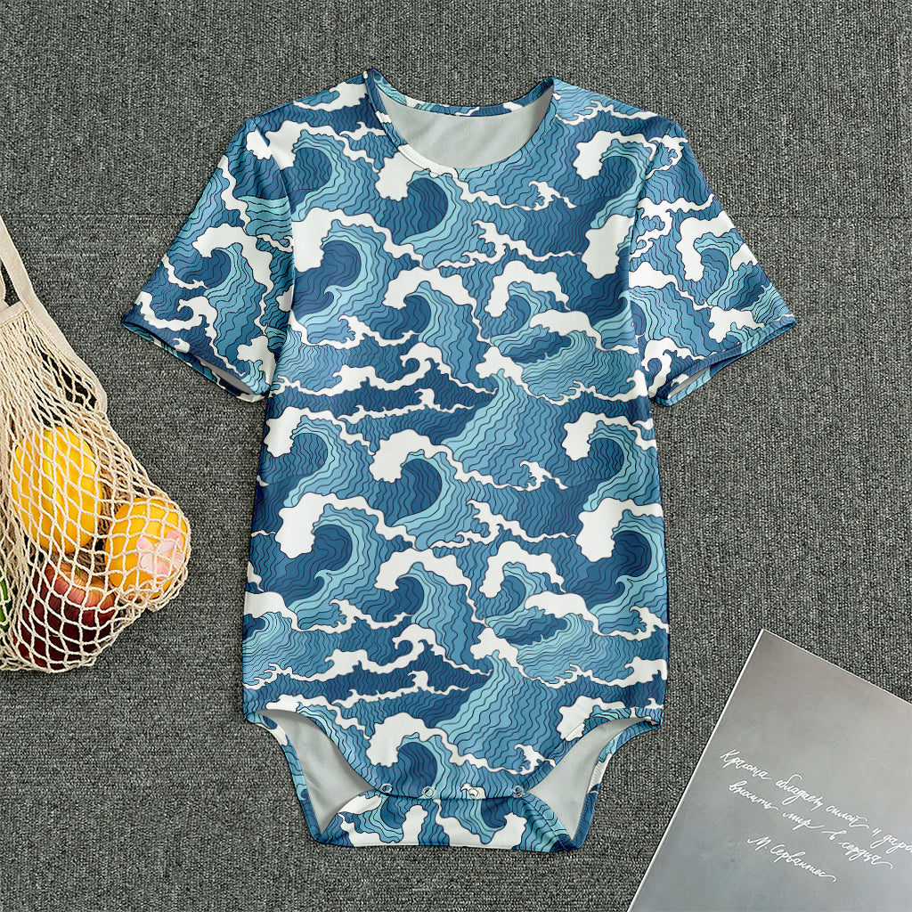Blue Japanese Wave Pattern Print Men's Bodysuit