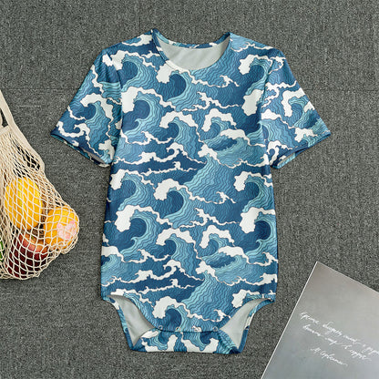 Blue Japanese Wave Pattern Print Men's Bodysuit