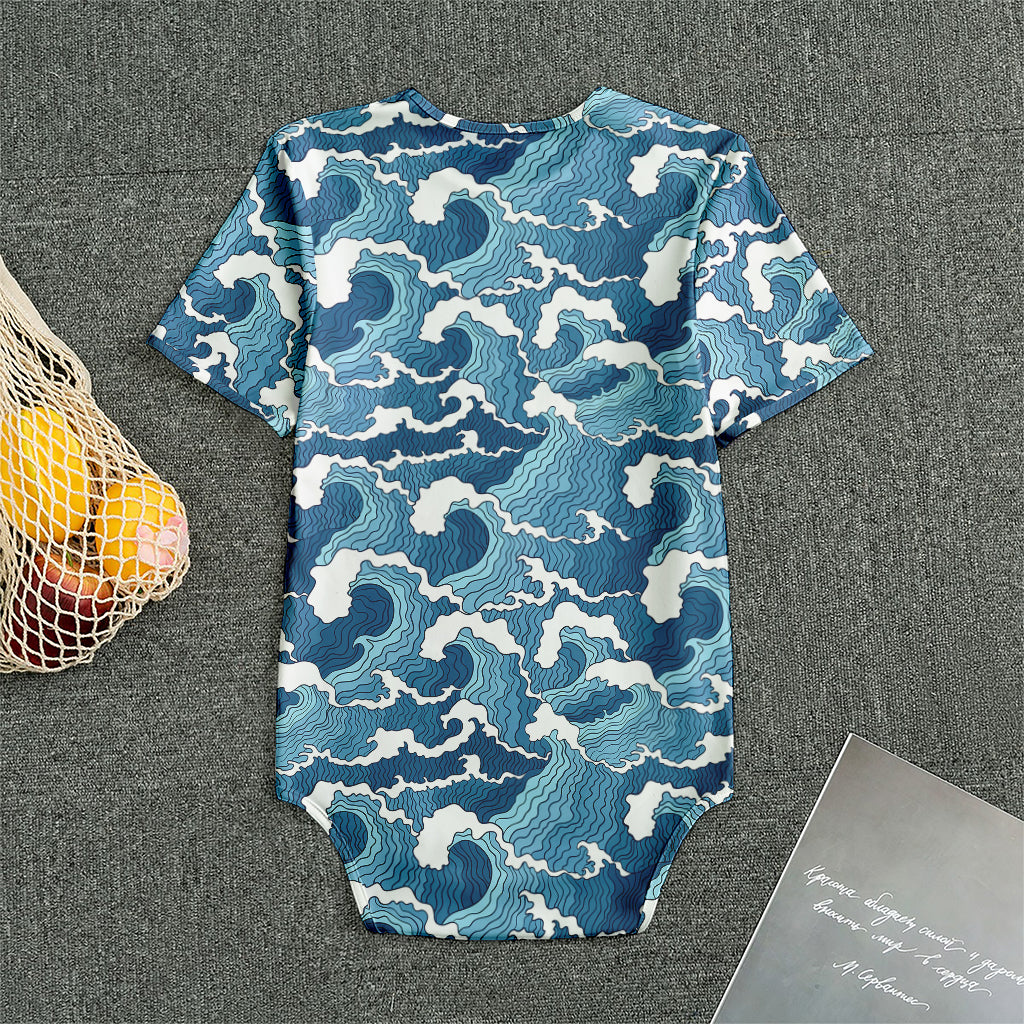 Blue Japanese Wave Pattern Print Men's Bodysuit