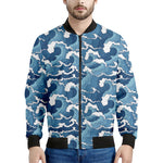 Blue Japanese Wave Pattern Print Men's Bomber Jacket