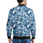 Blue Japanese Wave Pattern Print Men's Bomber Jacket