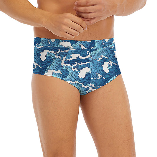 Blue Japanese Wave Pattern Print Men's Briefs