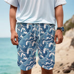 Blue Japanese Wave Pattern Print Men's Cargo Shorts