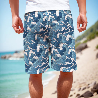 Blue Japanese Wave Pattern Print Men's Cargo Shorts