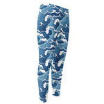 Blue Japanese Wave Pattern Print Men's Compression Pants
