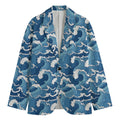 Blue Japanese Wave Pattern Print Men's Cotton Blazer