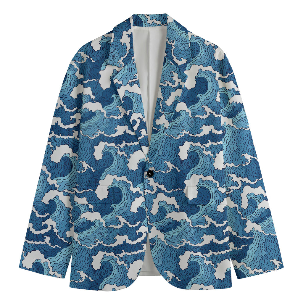 Blue Japanese Wave Pattern Print Men's Cotton Blazer