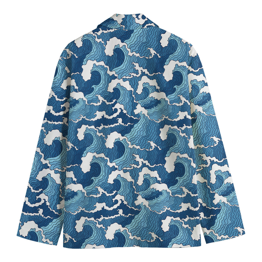 Blue Japanese Wave Pattern Print Men's Cotton Blazer