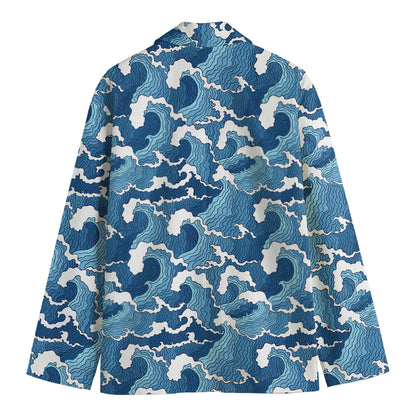 Blue Japanese Wave Pattern Print Men's Cotton Blazer