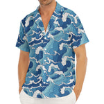 Blue Japanese Wave Pattern Print Men's Deep V-Neck Shirt