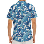 Blue Japanese Wave Pattern Print Men's Deep V-Neck Shirt