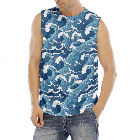 Blue Japanese Wave Pattern Print Men's Fitness Tank Top