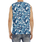 Blue Japanese Wave Pattern Print Men's Fitness Tank Top