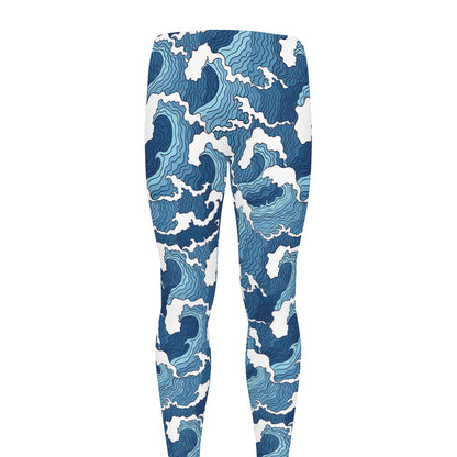 Blue Japanese Wave Pattern Print Men's leggings