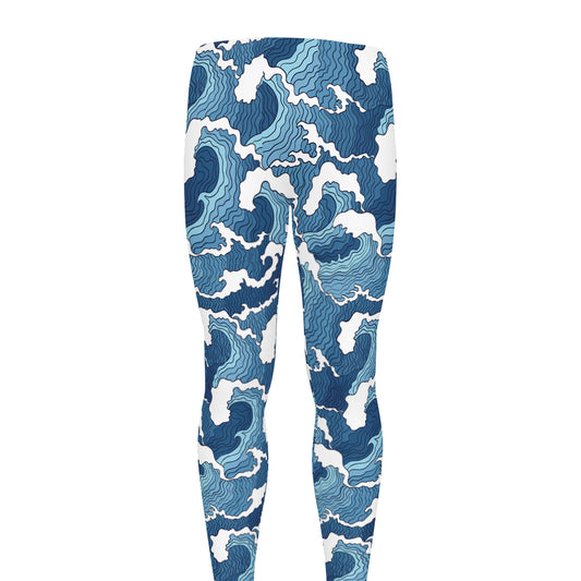 Blue Japanese Wave Pattern Print Men's leggings