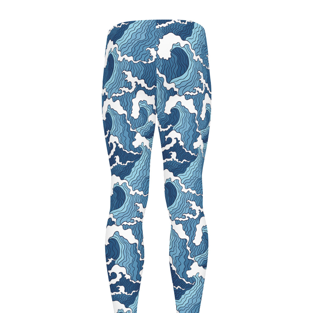 Blue Japanese Wave Pattern Print Men's leggings