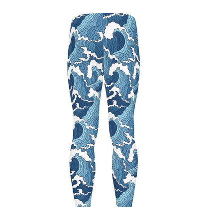 Blue Japanese Wave Pattern Print Men's leggings