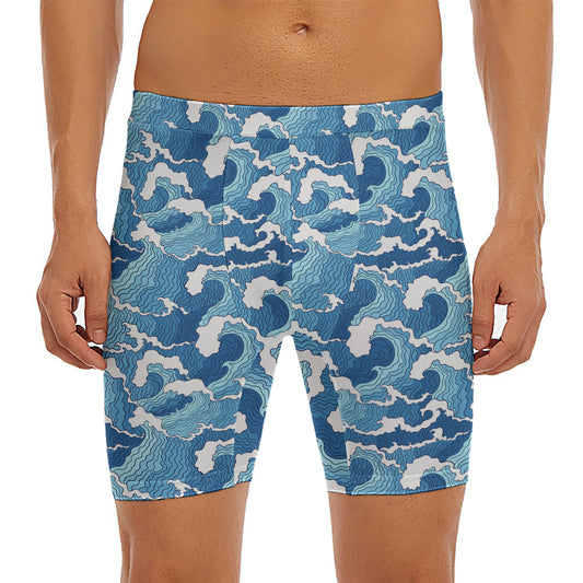 Blue Japanese Wave Pattern Print Men's Long Boxer Briefs