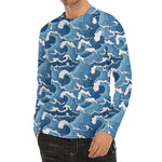 Blue Japanese Wave Pattern Print Men's Long Sleeve Rash Guard
