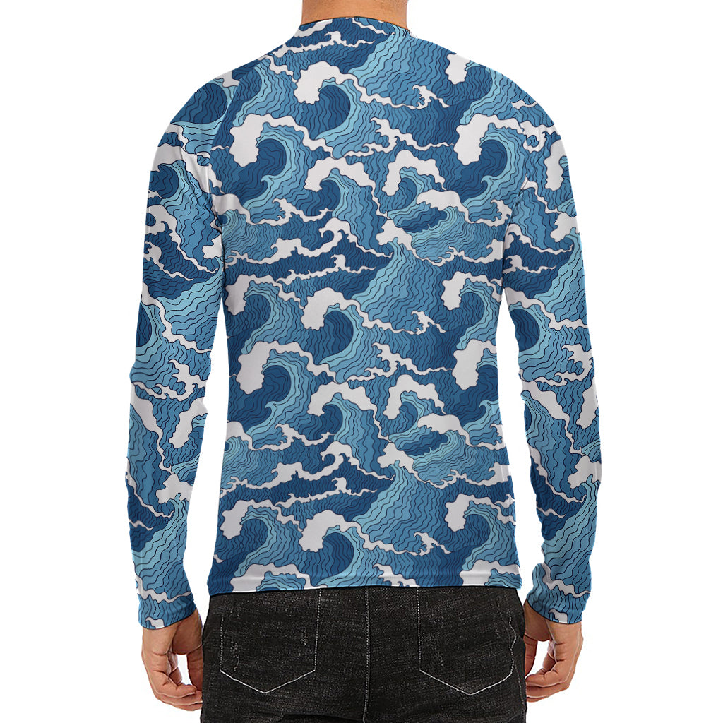 Blue Japanese Wave Pattern Print Men's Long Sleeve Rash Guard