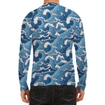 Blue Japanese Wave Pattern Print Men's Long Sleeve Rash Guard
