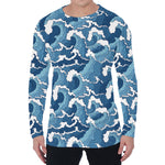 Blue Japanese Wave Pattern Print Men's Long Sleeve T-Shirt